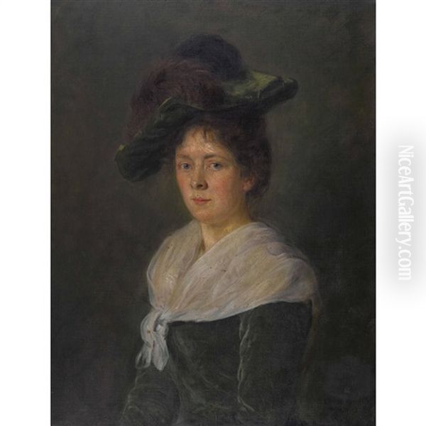 Portrat Einer Eleganten Dame Mit Federhut Oil Painting by Johannes Kleinschmidt