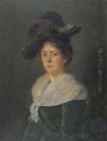 Portrat Einer Eleganten Dame Mit Federhut Oil Painting by Johannes Kleinschmidt