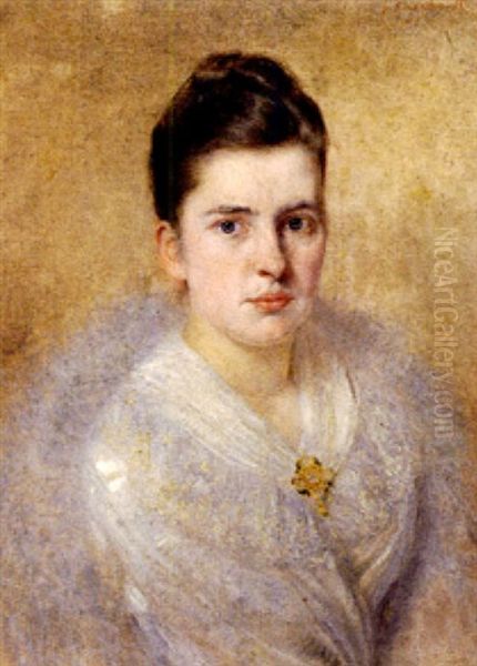 Portrait Einer Jungen Frau Mit Hochfrisur, Weiser Spitzenbluse Und Agraffe Oil Painting by Johannes Kleinschmidt