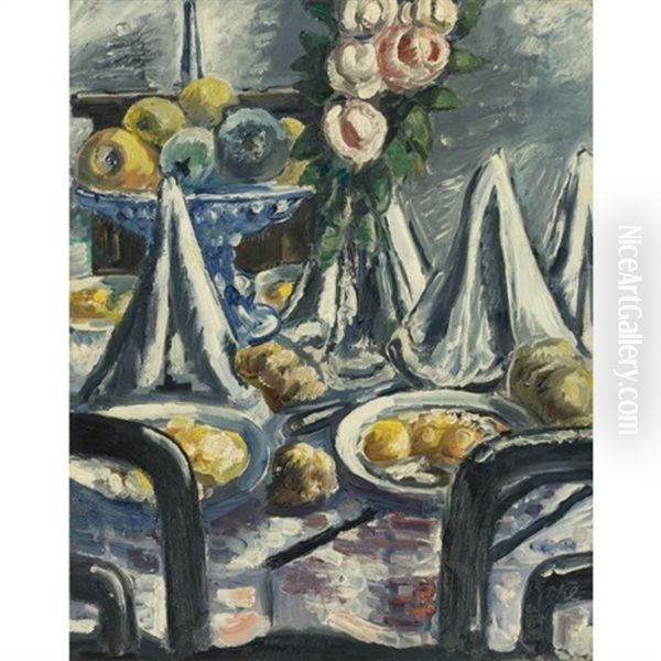 Gedeckter Tisch Mit Servietten Und Rosen (table Set With Napkins And Roses) Oil Painting by Paul Kleinschmidt