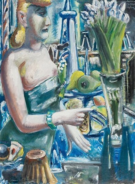 Dame An Der Bar Mit Obst Und Blumen Oil Painting by Paul Kleinschmidt