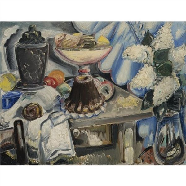 Stilleben Mit Gugelhupf Und Weissem Flieder (still Life With Cake, Fruit And White Lilacs) Oil Painting by Paul Kleinschmidt