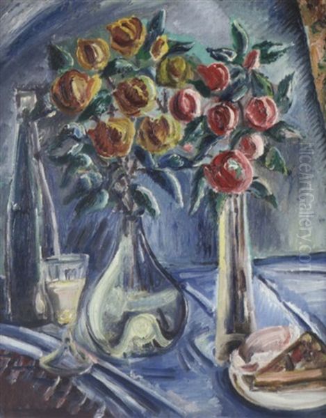 Blumenstilleben Mit Flasche, Glas Und Kuchen Oil Painting by Paul Kleinschmidt