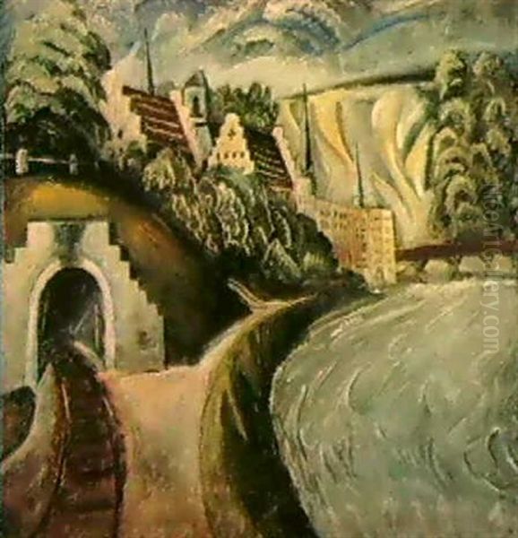 Die Stadt Zwischen Fluss Und Eisenbahn Oil Painting by Paul Kleinschmidt