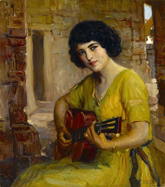 Rena Playing A Guitar Oil Painting by Joseph Kleitsch