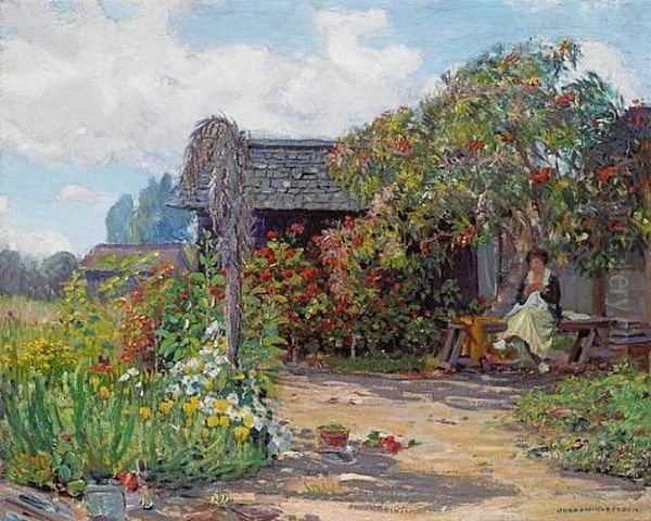 Woman In A Garden Sewing Oil Painting by Joseph Kleitsch