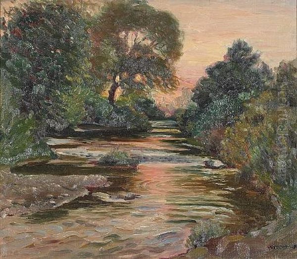 River Landscape At Sunset Oil Painting by Joseph Kleitsch