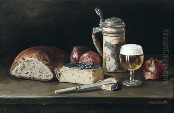 Still Life - Bread, Beer Stein, Cheese And Vegetables Oil Painting by Joseph Kleitsch