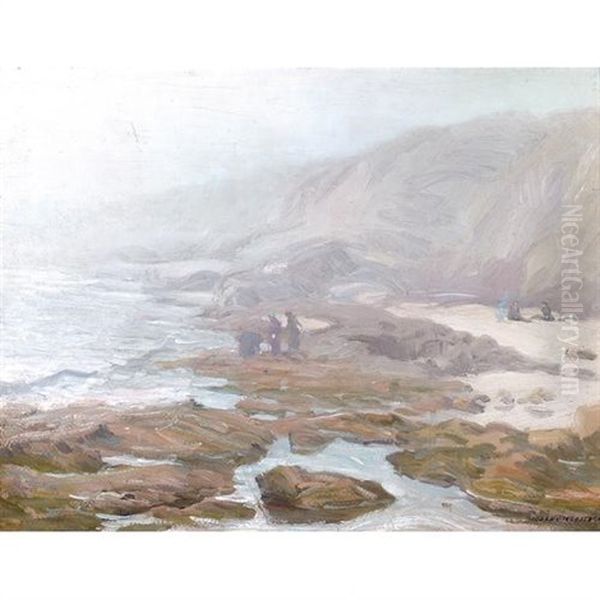 Figures Along A Coastal Beach With Tide Pools In The Foreground Oil Painting by Joseph Kleitsch