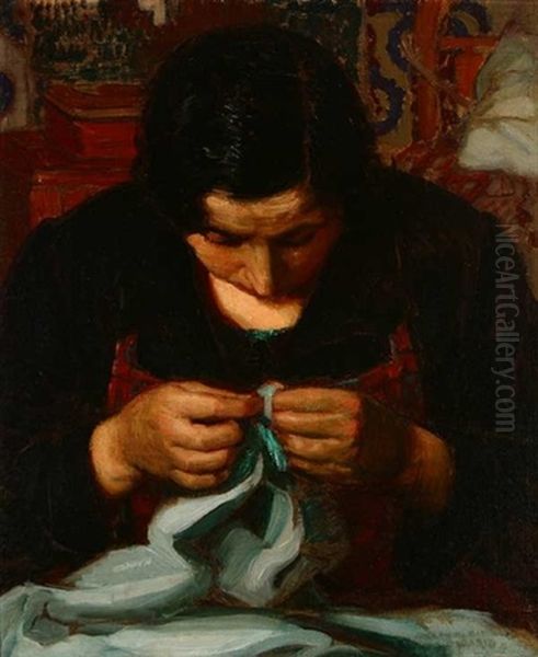 Woman Sewing Oil Painting by Joseph Kleitsch