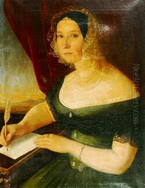 Portrait Of Zsofia Berzeviczy De Berzevicze Seated At Her Writing Desk, Half Length Wearing A Green Dress Oil Painting by Jozef Bozetech Klemens