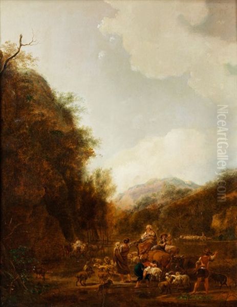 Bergige Landschaft Mit Hirten Und Vieh An Der Tranke Oil Painting by Johann Christian Klengel