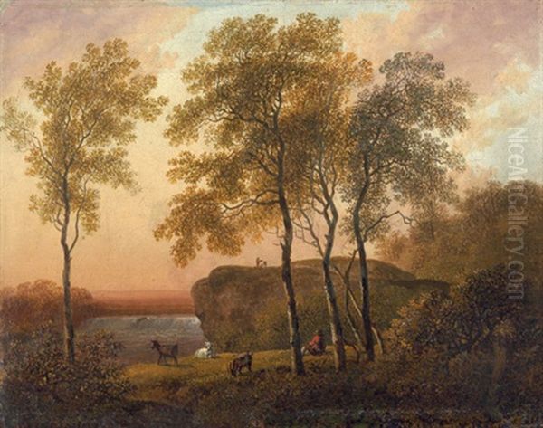 Gebirgslandschaft Im Abendlicht Mit Rastendem Hirten Oil Painting by Johann Christian Klengel