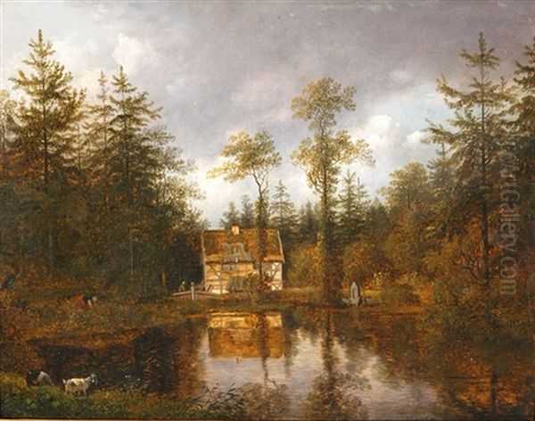 Teichlandschaft Mit Haus, Bauernpaar Und Ziegen Oil Painting by Johann Christian Klengel