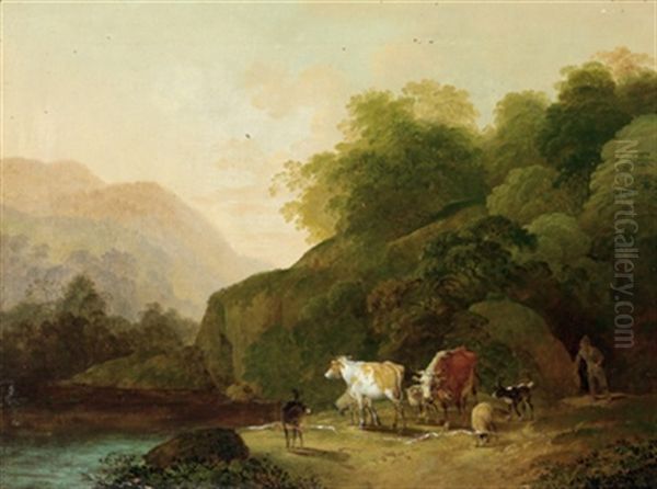 Gebirgige Flusslandschaft Mit Einem Hirten Und Herde Oil Painting by Johann Christian Klengel