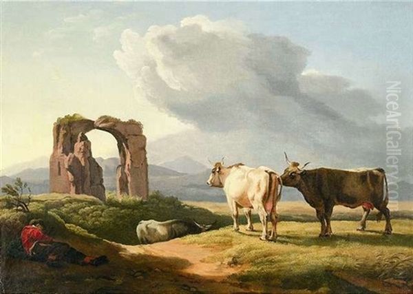 Romische Landschaft Mit Tempelruine Und Schlafendem Hirten Oil Painting by Johann Christian Klengel