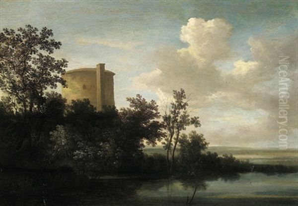 Bewaldete Flusslandschaft Mit Einem Turm Oil Painting by Johann Christian Klengel