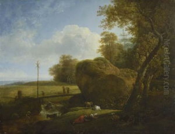 Ruhende Hirtin Mit Ziegen Und Schaf Am Waldbach Oil Painting by Johann Christian Klengel