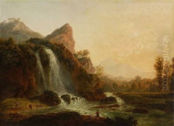 Gebirgslandschaft Mit Grosem Wasserfall Bei Abendlicht Oil Painting by Johann Christian Klengel