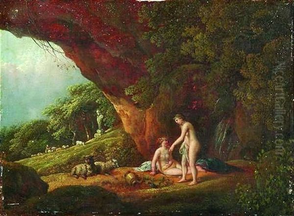 Bukolische Landschaft Mit Zwei Nymphen An Einer Quelle Am Rand Einer Grotte Oil Painting by Johann Christian Klengel