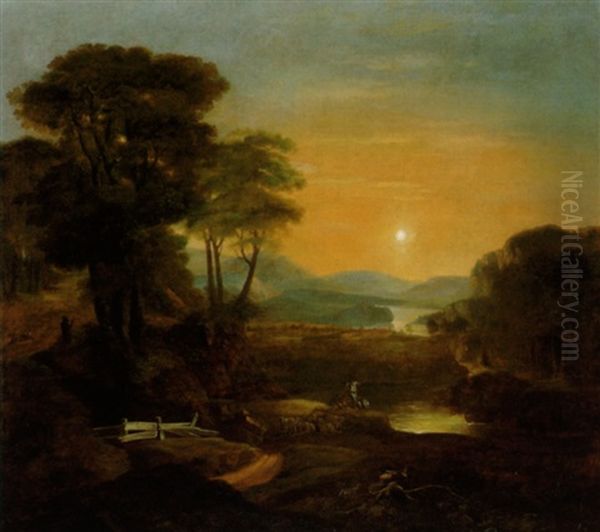 Weite, Bewaldete Flusslandschaft Bei Sonnenuntergang Oil Painting by Johann Christian Klengel