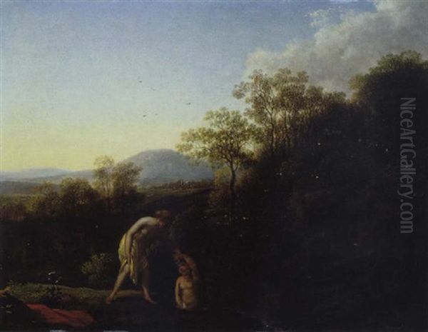 Sudliche Landschaft Mit Badenden Frauen Oil Painting by Johann Christian Klengel