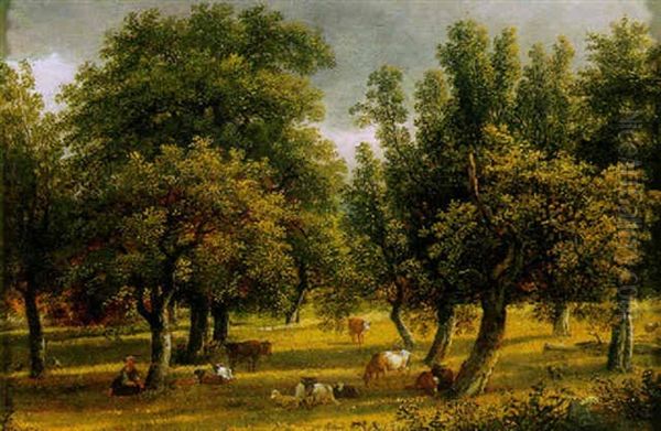 A Shepherdess And Her Flock In An Extensive Wooded Landscape Oil Painting by Johann Christian Klengel