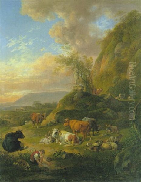 Hirtenknabe Mit Vieh Auf Einer Anhohe Oil Painting by Johann Christian Klengel