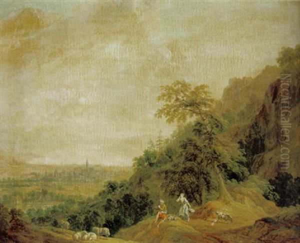 Weite Bewaldete Landschaft Mit Hirtenpaar Und Blick Auf Eine Stadt An Einem See Oil Painting by Johann Christian Klengel