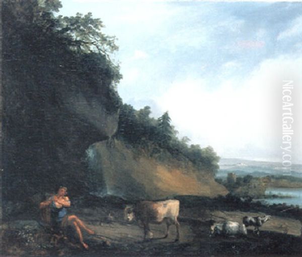 Arkadische Landschaft Mit Flotespielendem Hirten Oil Painting by Johann Christian Klengel