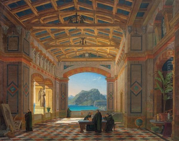 Italienische Klosterhalle Mit Benediktinermonchen Und Ausblick Auf Capri Oil Painting by Leo Von Klenze