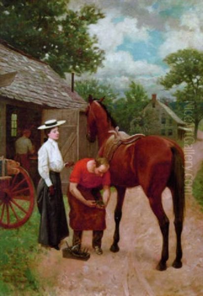 Young Woman Looks On As Her Horse Is Reshod Oil Painting by Max Francis Klepper