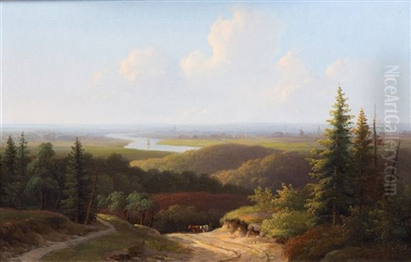 A Panoramic View With Cattle On A Sandy Path Oil Painting by Willem De Klerk