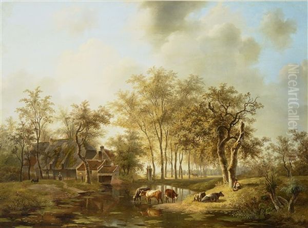 Uferlandschaft Mit Rindern Und Hirten Oil Painting by Willem De Klerk