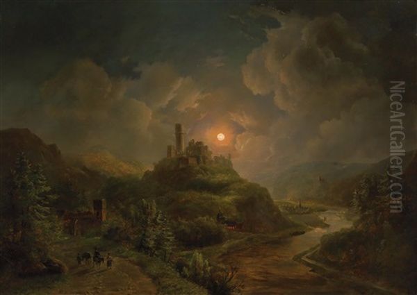 Moonlit Night With Castle Ruins And A Town By The River Oil Painting by Willem De Klerk