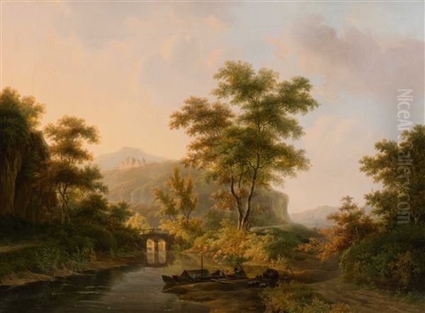 Wooded And Hilly Landscape With Figures On A Bridge With Moored Boats Oil Painting by Willem De Klerk