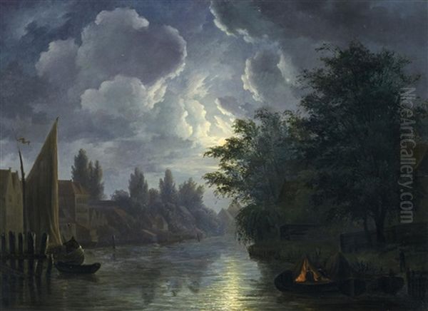 Nachtliche Szene Am Fluss Oil Painting by Willem De Klerk