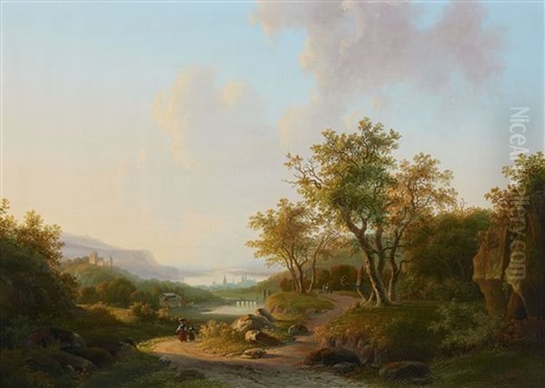 River Landscape With Views Of A Castle And Town Oil Painting by Willem De Klerk