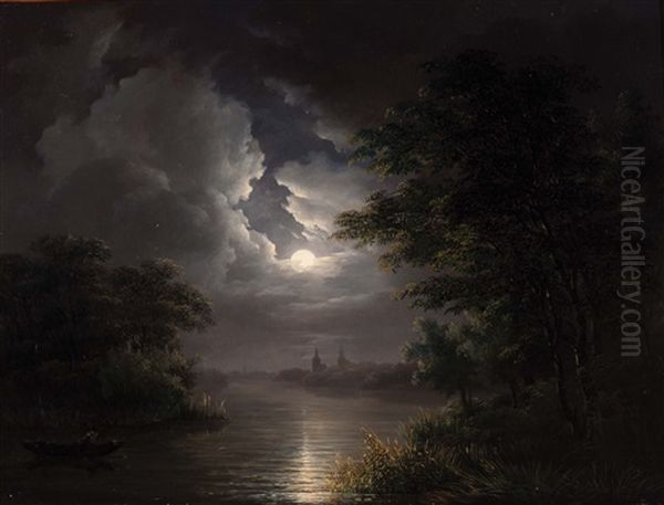 River Landscape By Moonlight Oil Painting by Willem De Klerk