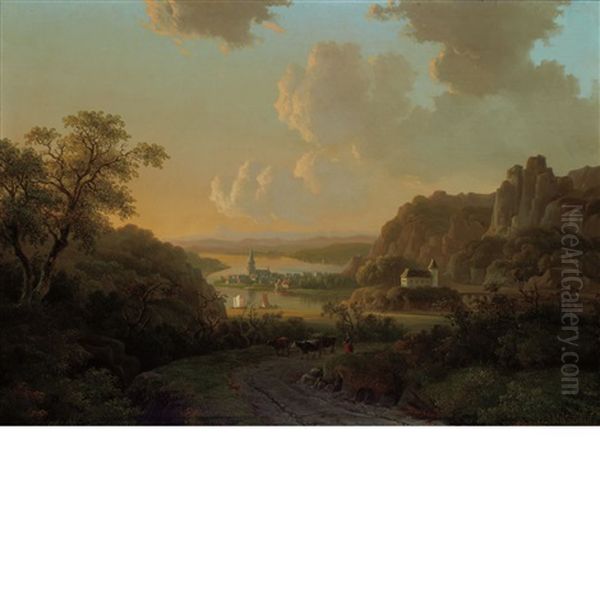 Landscape With Bluffs Opening Into A River Valley Oil Painting by Willem De Klerk