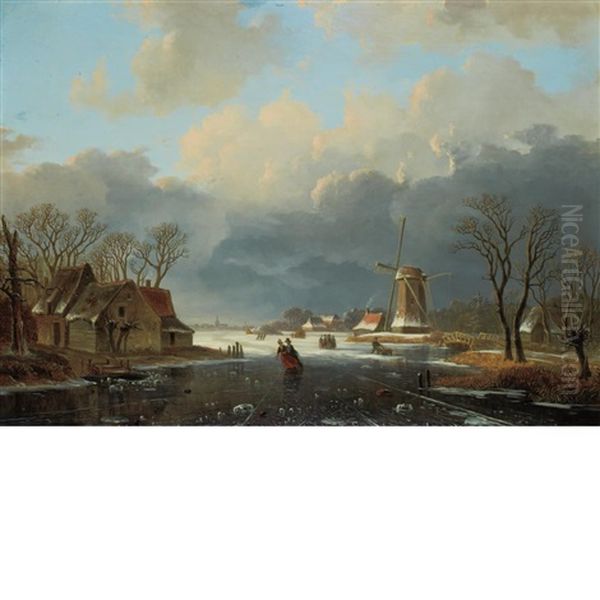 Winter Landscape With Skaters On A Frozen River Oil Painting by Willem De Klerk