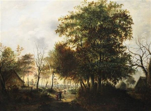 Wooded Landscape With Figures And House Oil Painting by Willem De Klerk