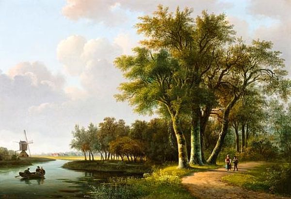 A Landscape With A Windmill Along A Stream Oil Painting by Willem De Klerk