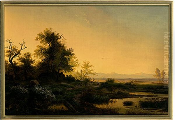 Idyllische Abendlandschaft Mit Verstecktem Gehoft Unter Malerischer Eichengruppe Oil Painting by Willem De Klerk