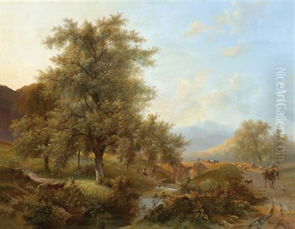 Bewaldete, Gebirgige Flusslandschaft Mit Einer Steinernen Bogenbrucke, Hirten Und Herde Oil Painting by Willem De Klerk