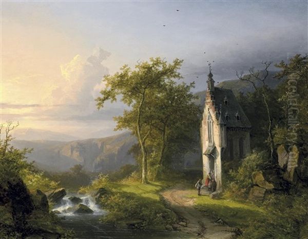 Abend Im Gebrige. Wanderer Vor Einer Kleinen Kapelle Am Bachlauf Oil Painting by Willem De Klerk