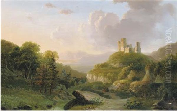 A Green Valley With A Ruin On A Hilltop Oil Painting by Willem De Klerk