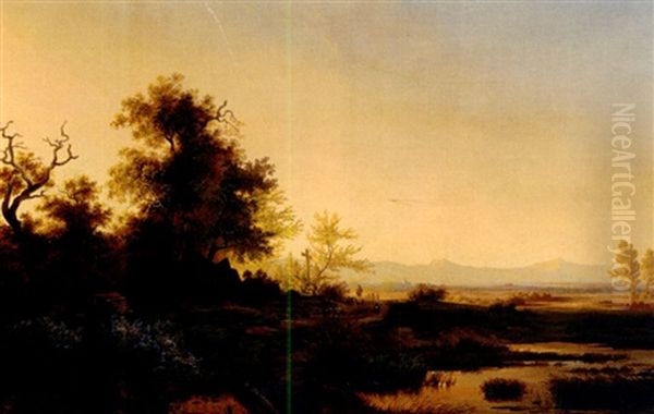 Idyllische Abendlandschaft Mit Versteckem Gehoft Unter Malerischer Eichengruppe Oil Painting by Willem De Klerk