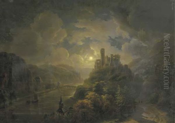 A Moonlit River Valley With A Ruin On A Hilltop Oil Painting by Willem De Klerk