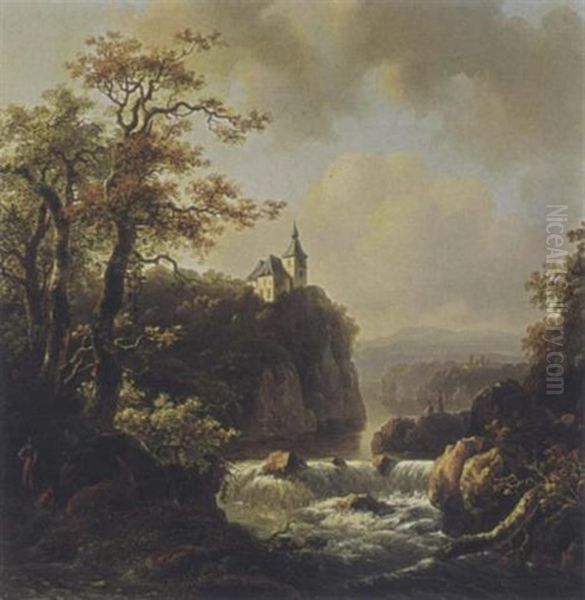 Mountain Landscape In Evening Sunshine With A Waterfall In The Background Oil Painting by Willem De Klerk